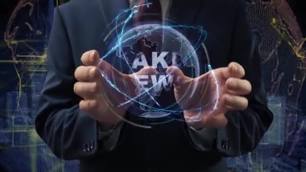 Male Hands Activate Conceptual Holographic Text Fake News Businessman Suit — Stock Video