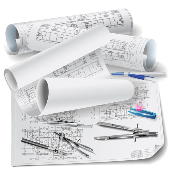 Architectural background with rolls of technical drawings — Stock Vector