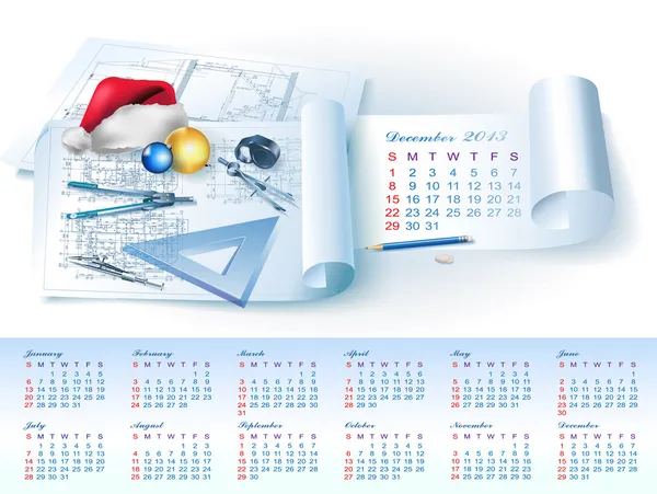 Calendar for 2013 with architectural design elements — Stock Vector