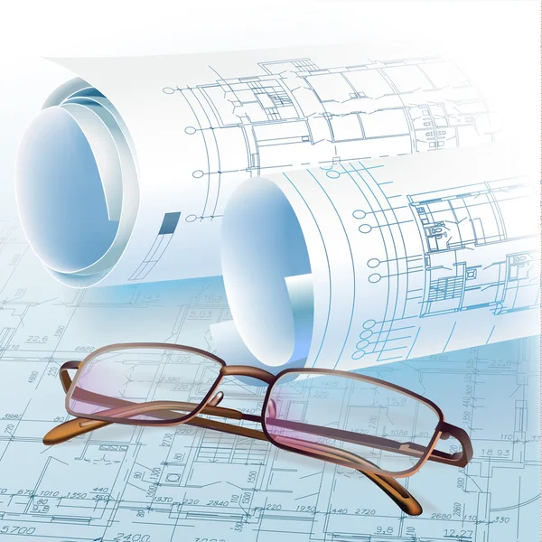 建築背景のロール図面と図面ツール. — ストックベクタ