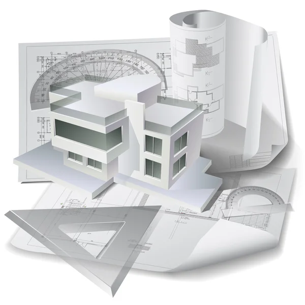 Fundo arquitetônico com um modelo de edifício 3D . — Vetor de Stock