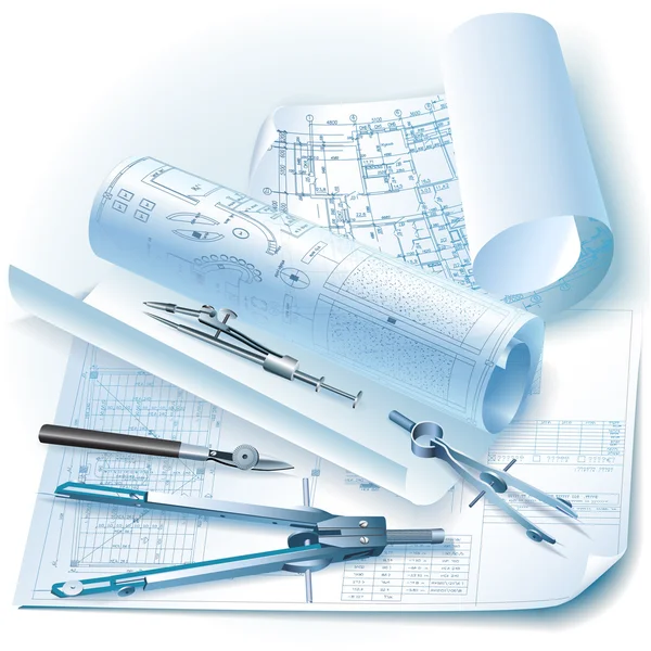 建築背景のロール図面と図面ツール. — ストックベクタ