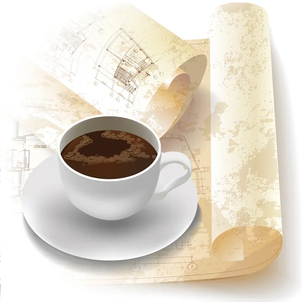 Grunge fondo arquitectónico con una taza de café y rollos de dibujos técnicos — Vector de stock