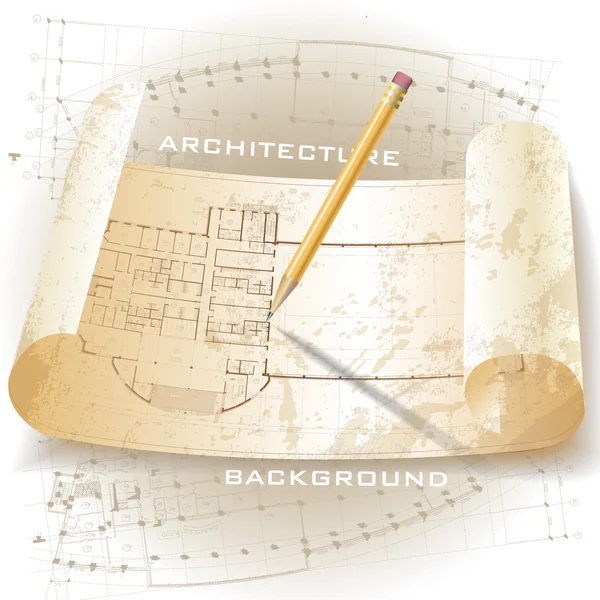 Grunge fondo arquitectónico con accesorios de dibujo y rollos de dibujos técnicos — Vector de stock