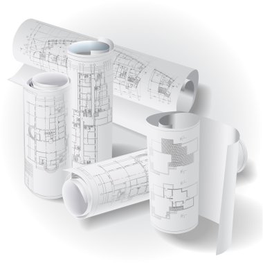 Architectural background with rolls of technical drawings clipart