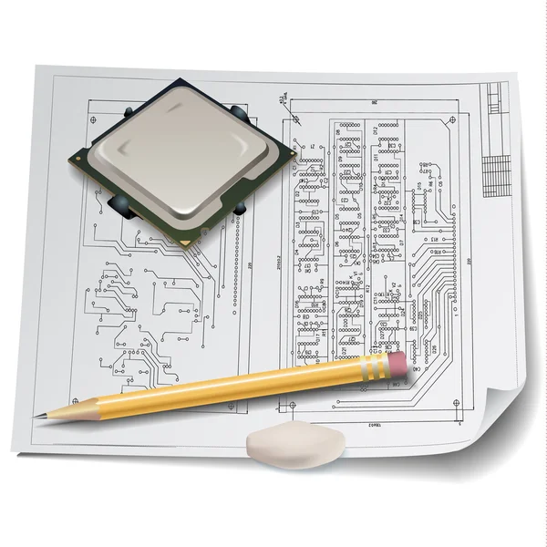 Abstracte achtergrond met een circuit bord en technische tekeningen — Stockvector