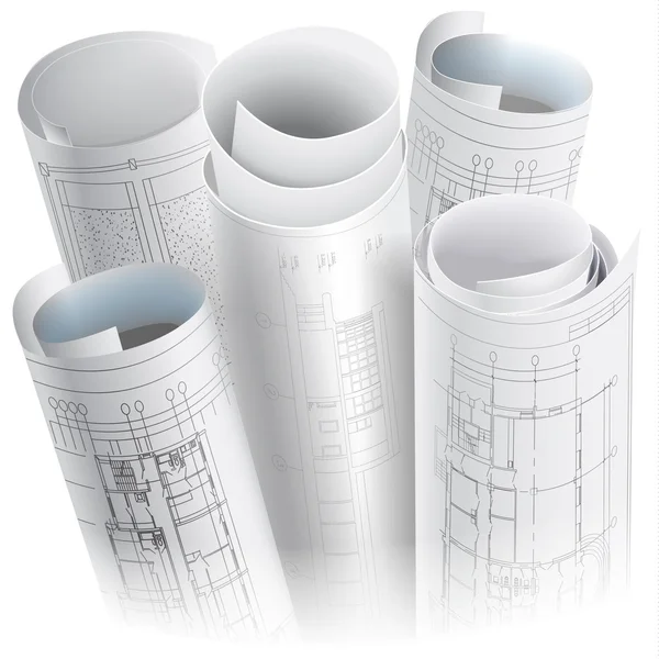 Arkitektoniska bakgrund med rullar av tekniska ritningar — Stock vektor