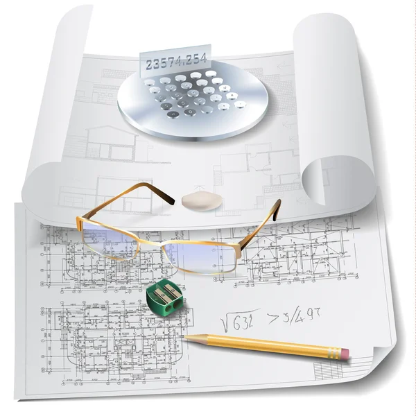 Sfondo architettonico con rotoli di disegni e strumenti da disegno . — Vettoriale Stock