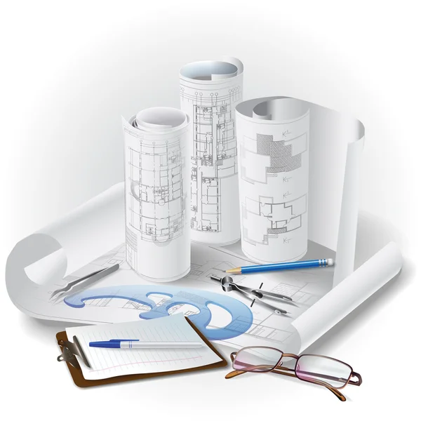 Sfondo architettonico con rotoli di disegni e strumenti da disegno . — Vettoriale Stock