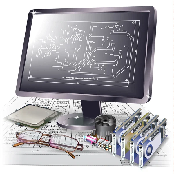 Astratto sfondo elettronico hi-tech con un monitor, rotoli di disegni e un circuito stampato . — Vettoriale Stock