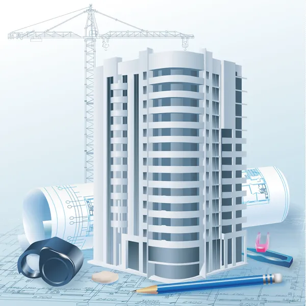 Architektonické pozadí s technické výkresy a 3d model budovy Stock Ilustrace