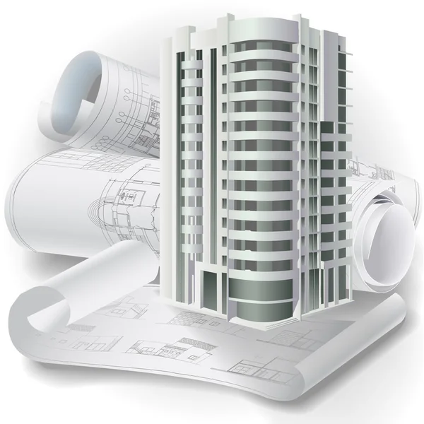 Fond architectural avec dessins techniques et modèle de construction 3D Illustration De Stock