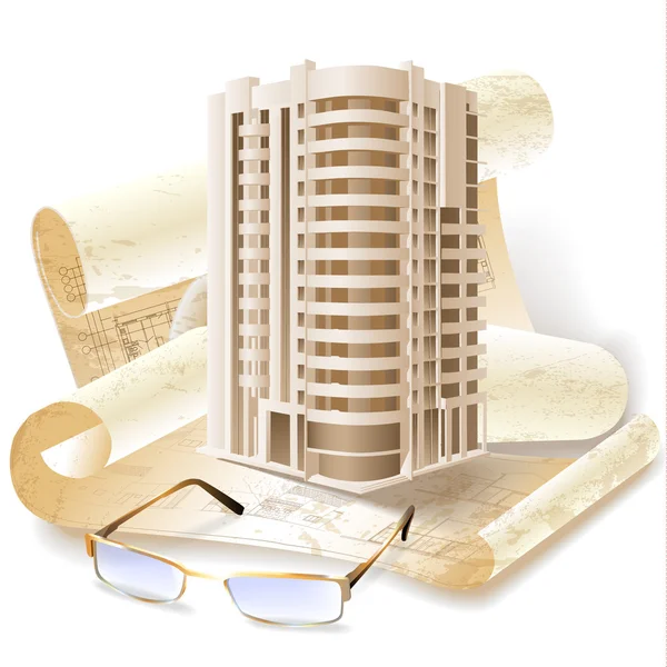 グランジ建築背景に技術的な図面、3 d 建物モデル — ストックベクタ