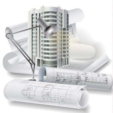 Architectural background with technical drawings and 3D building model clipart