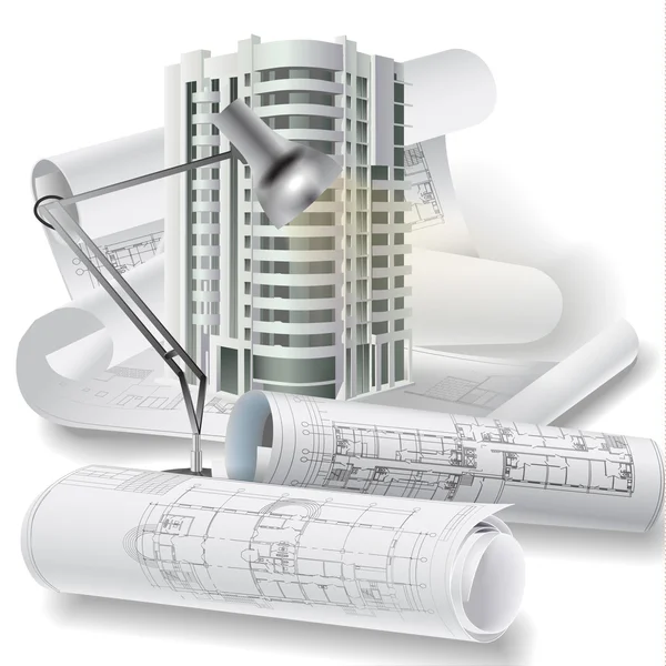 技術的な図面と 3 d の建物モデルのアーキテクチャの背景 — ストックベクタ