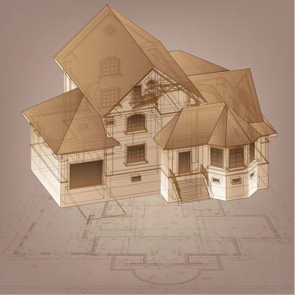 Antecedentes arquitetônicos com desenhos técnicos e modelo de construção 3D — Vetor de Stock