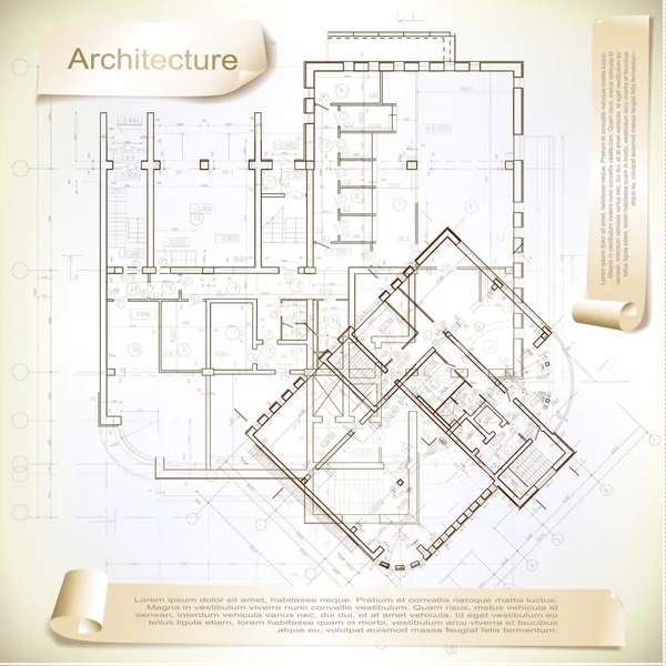 Архитектурный фон. Часть архитектурного проекта, архитектурный план, технический проект, чертежи технических букв, архитектурное планирование на бумаге, план строительства — стоковый вектор