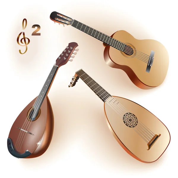 Conjunto de instrumentos musicais da família das cordas: guitarra, alaúde e bandolim — Vetor de Stock