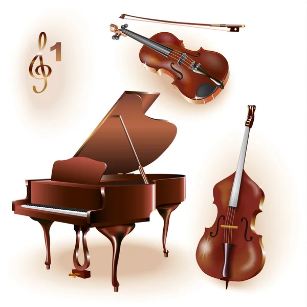 一連の 3 つの楽器： グランド ピアノ、ヴァイオリン、コントラバス — ストックベクタ