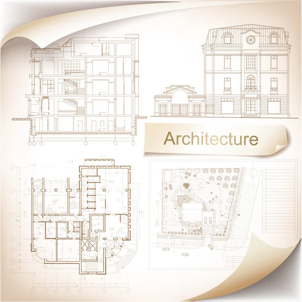 Αρχιτεκτονικό υπόβαθρο. μέρος του αρχιτεκτονικού έργου, αρχιτεκτονικό σχέδιο, μελετητικά, σχεδίασης τεχνική γράμματα αρχιτεκτονική σχεδιασμός σε χαρτί, σχέδιο κατασκευής — Διανυσματικό Αρχείο