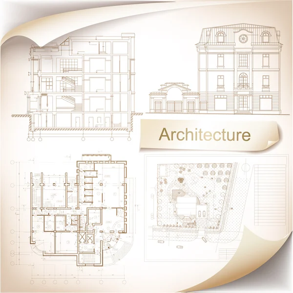 Contexto arquitectónico. Parte do projeto arquitetônico, plano arquitetônico, projeto técnico, desenho de cartas técnicas, planejamento de arquitetura em papel, plano de construção — Vetor de Stock