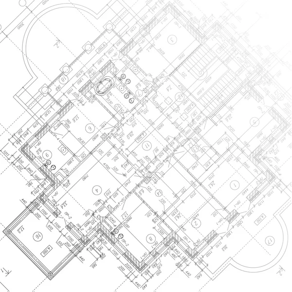 Tle architektury. część projekt architektoniczny, planu architektonicznego, projekt techniczny, rysunek techniczny listów, architektury, planowania na papierze, budowa planu — Wektor stockowy