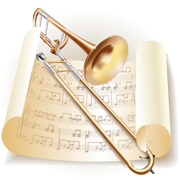 Serie de fondo musical. Trombón clásico con notas en estilo retro — Vector de stock