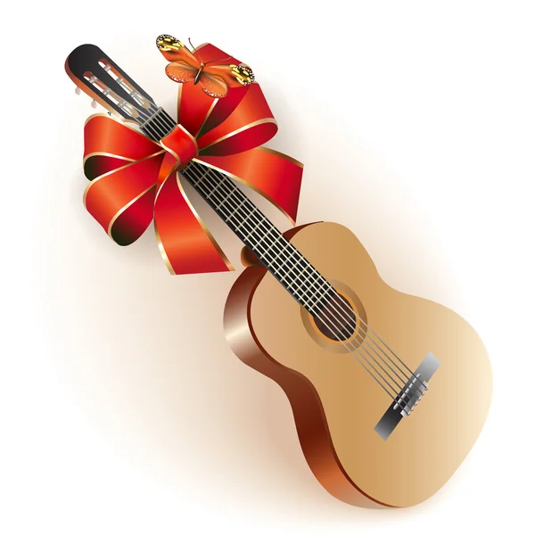 Hudební pozadí série. klasická španělská kytara s mašlí, izolovaných na bílém pozadí — Stockový vektor