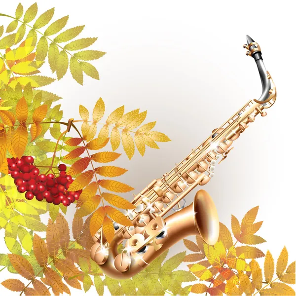 Série de fundo musical. Saxofone alto clássico. Isolado no fundo branco do outono com folhas amarelas e um monte de rowan — Vetor de Stock