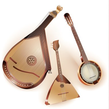 Collection of three traditional string plucked instruments - Ukrainian bandura, Russian balalaika and six-string Mexican banjo clipart