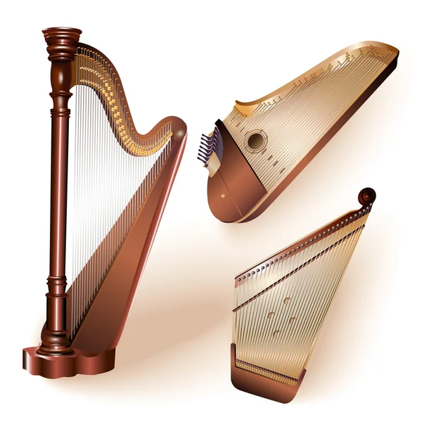Collection of three traditional string plucked instruments - classical harp, Latvian kokle and Finnish kantele — Stock Vector