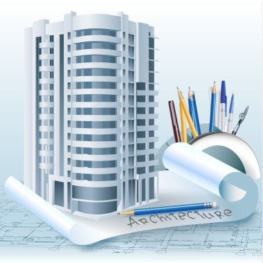 Architectural background with a 3D building model. Part of architectural project clipart