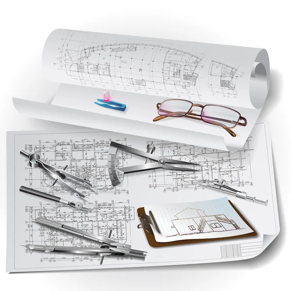 Mimari ofis araçları ve makara çizimleri ile arka plan. mimari projesi — Stok Vektör