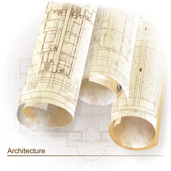 Architectural background with rolls of drawings. Part of architectural project — Stock Vector