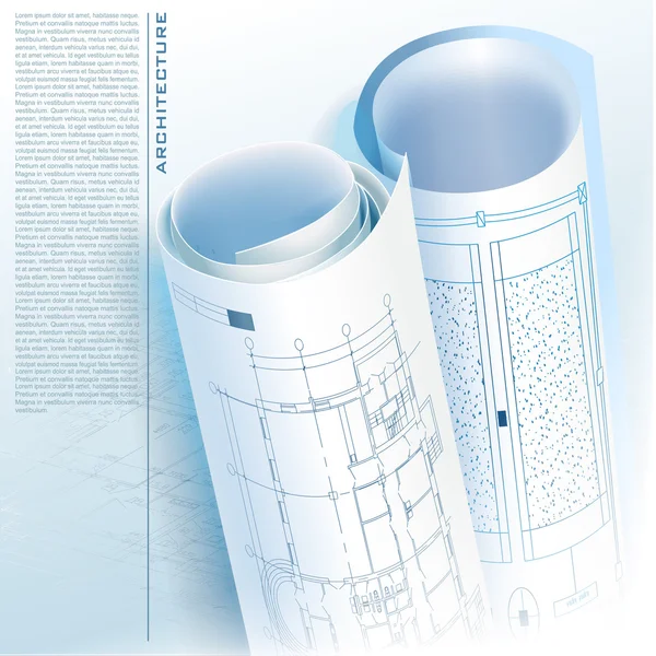 Sfondo architettonico con rotoli di disegni. Parte del progetto architettonico — Vettoriale Stock