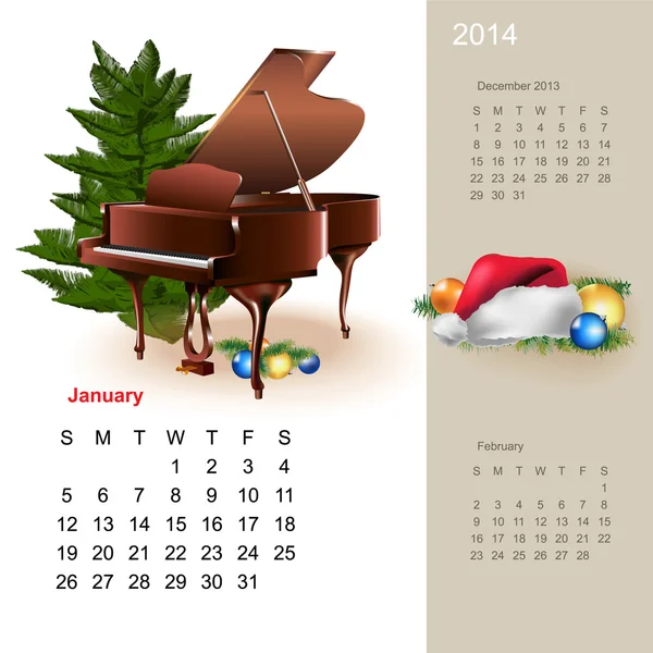 Calendrier mignon coloré pour 2014 avec des éléments de conception musicale — Image vectorielle