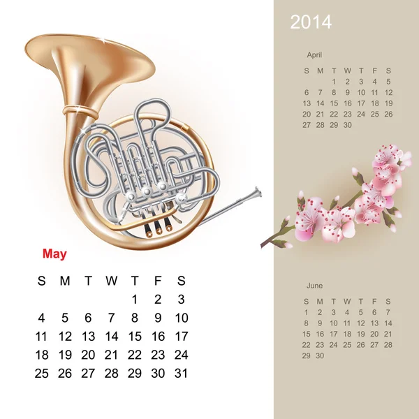 Colorato calendario carino per il 2014 con elementi di design musicale — Vettoriale Stock