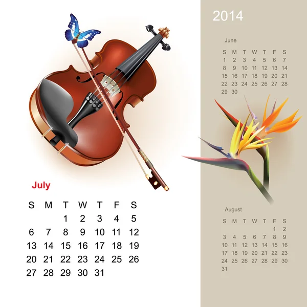 Colorful cute calendar for 2014 with musical design elements — Stock Vector