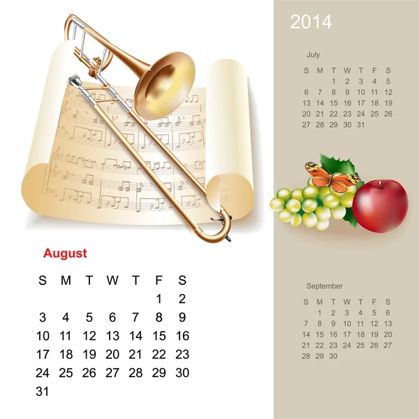 Färgglada söt kalender för 2014 med musikalisk designelement — Stock vektor