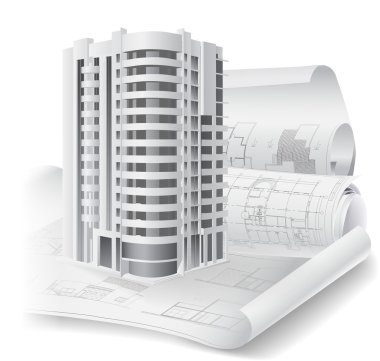Architectural background with a 3D building model clipart