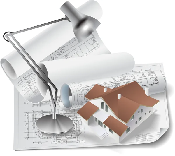 Fondo arquitectónico con un cuaderno, lámpara y rollos de dibujos — Archivo Imágenes Vectoriales