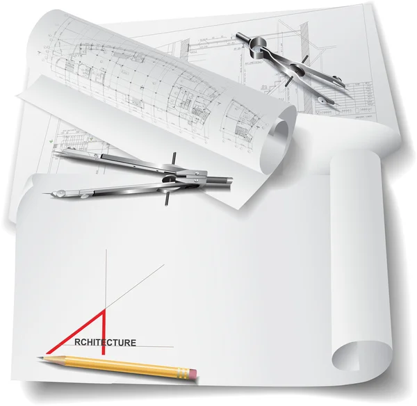 Sfondo architettonico con rotoli di disegni per il tuo sito aziendale — Vettoriale Stock