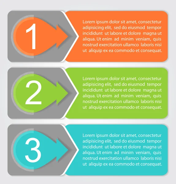 Vector Uno, Dos, Tres etiquetas de progreso con flechas — Archivo Imágenes Vectoriales