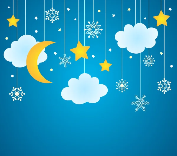 Fond bleu vectoriel avec nuages suspendus, lune, étoiles et flocons de neige — Image vectorielle