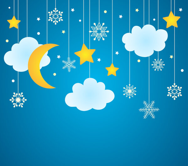 Vector blue background with hanging clouds, moon, stars and snowflakes