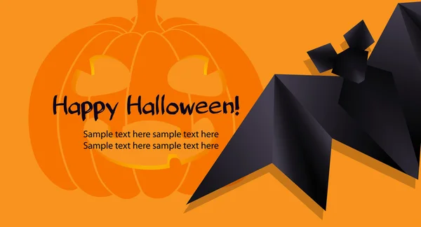 Halloween-Hintergrund mit lustigem Kürbis und schwarzer Origami-Fledermaus — Stockvektor