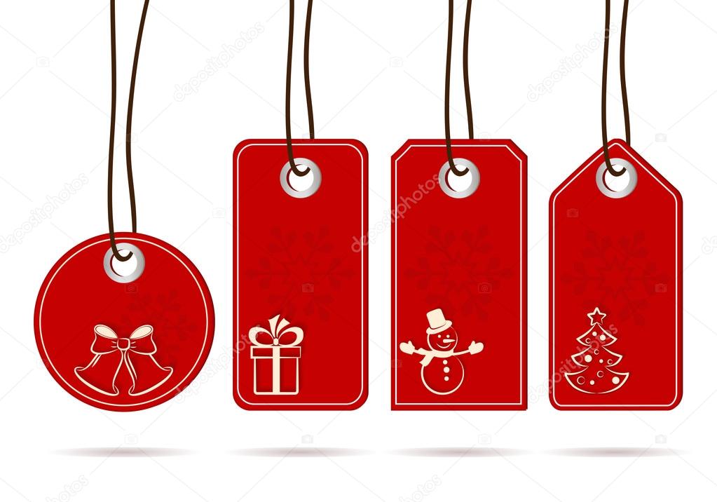Set of hanging red tags with white christmas motifs