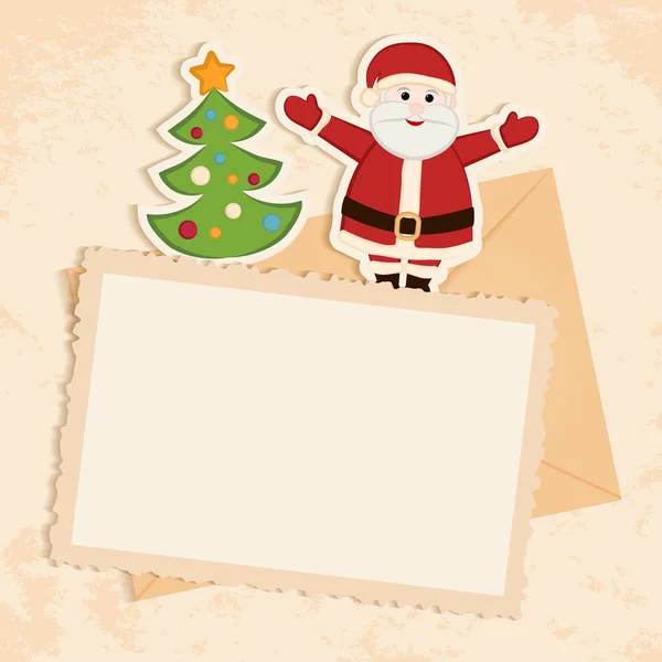 Glückwunsch Gold Retro-Hintergrund mit Weihnachtsmann, Weihnachtsbaum und Brief. Sie können Rahmen für Ihren Text oder Foto verwenden — Stockvektor