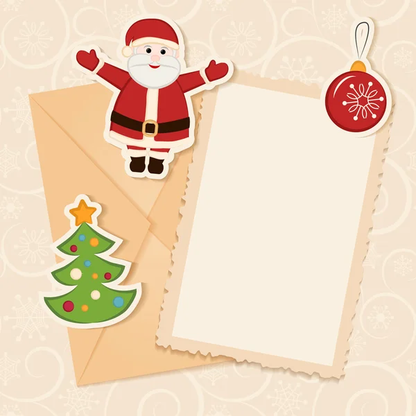 Fondo retro de oro de felicitación con Santa Claus, árbol de Navidad, bola y carta. Puede utilizar el marco para su texto o foto — Archivo Imágenes Vectoriales
