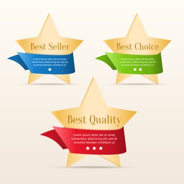 Best choice, best quality, best seller - golden stars with color ribbons clipart